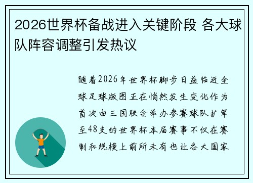 2026世界杯备战进入关键阶段 各大球队阵容调整引发热议 2026世界杯备战进入关键阶段 各大球队阵容调整引发热议