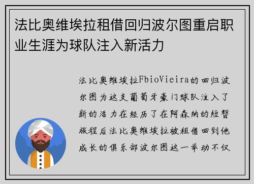 法比奥维埃拉租借回归波尔图重启职业生涯为球队注入新活力